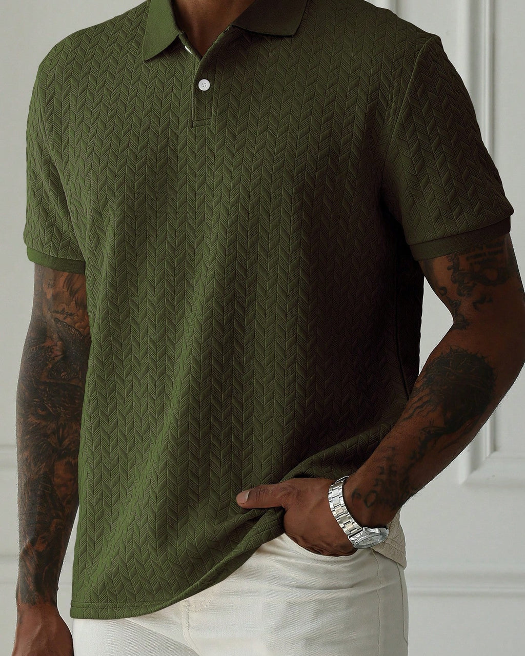Mens Braided Jacquard Polo Shirt Short Sleeve Lapel Casual Shirts